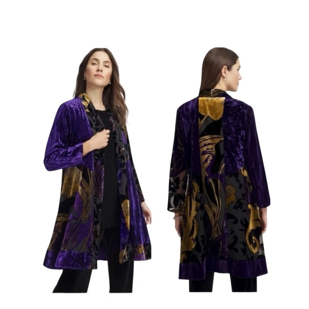 Chico's Floral Burnout Velvet Duster Jacket Topper Purple Gold Whimsigoth 8/10 M